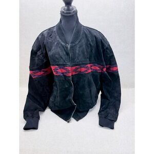 Adler Vintage Black Suede Leather Bomber Jacket Mens XL Southwestern Red Pattern
